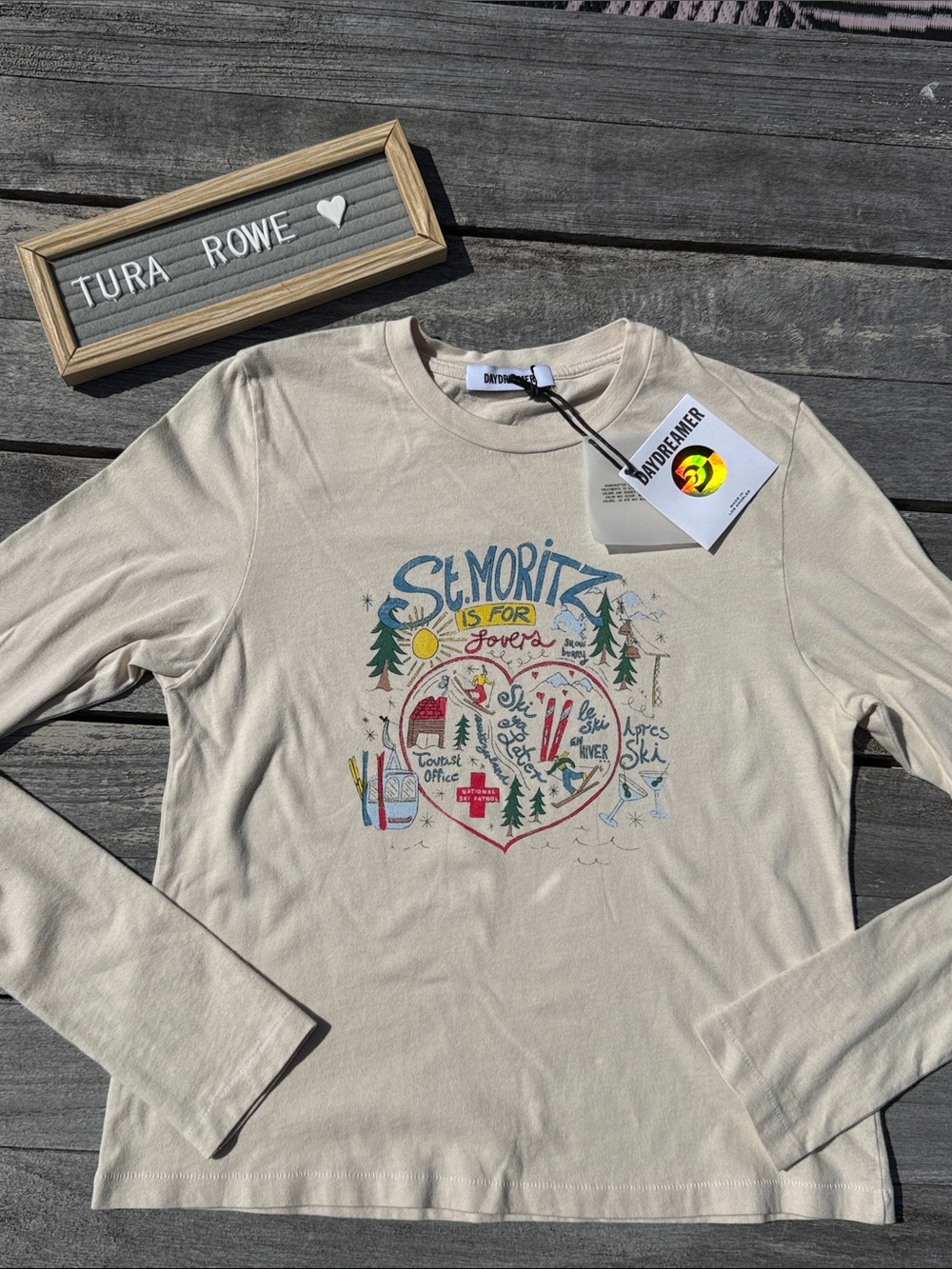 St. Moritz Is For Lovers Vintage Long Sleeve Tee in Dirty White DAYDREAMER large